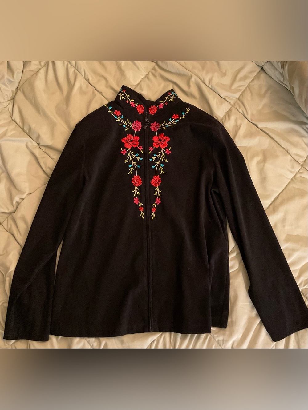 Notations Black Jacket with Red Floral Embroidery